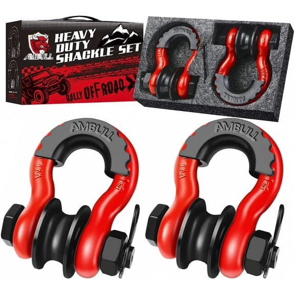 AMBULL Upgraded Snatch Block, 3/4" D Ring Shackle (2 Pack) 22,000lb Break Strength with Towing Pulley, Heavy Duty Offroad Recovery Accessory for Truck, Tractor, ATV & UTV - Red