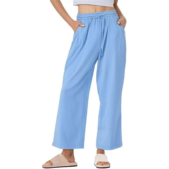 Taqqpue Womens Plus Size Linen Pants Elastic Waist Drawstring Summer Loose Fit Pants Beach Casual Trousers with Pockets S-5XL