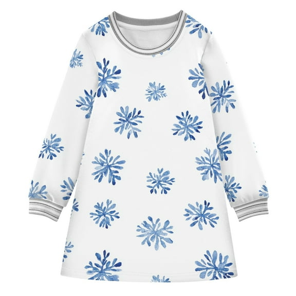Girls' long-sleeved dress Snowflake Blue Girls' A-line dress with ribbed cuffs Soft and comfortable