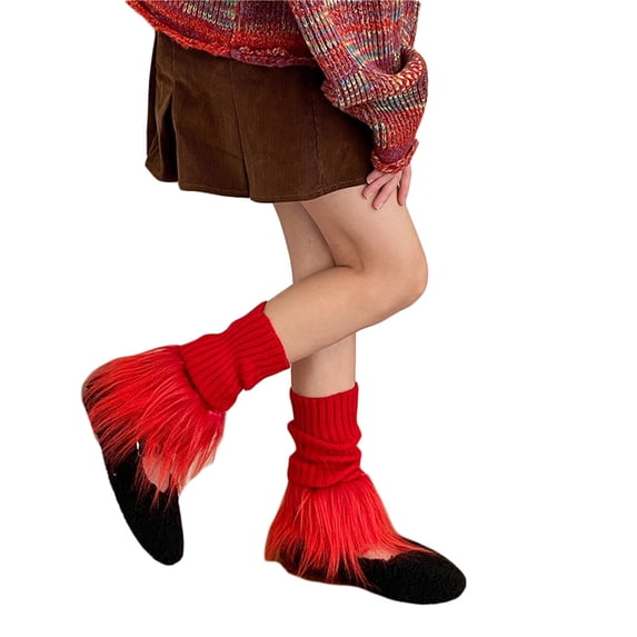 Komoo Women Faux Fur Leg Warmers 80s 90s Kawaii Knit Patchwork Fluffy Leg Warmers Furry Boot Covers