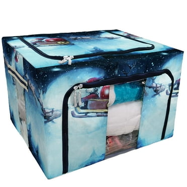 PKQWTM Santa Claus Rides Reindeer Christmas Night Storage Bag Clear Window Storage Bins Boxes Large Capacity Foldable Stackable Organizer With Steel Metal Frame For Bedding,Clothes,Closets, Bedrooms