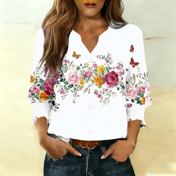 Jsaierl Womens 3/4 Length Sleeve Cardigans Casual Button Down Open Front Shirts Dressy Graphic Ladies Blouses Flowy Elegant Tunic Tops S-2XL