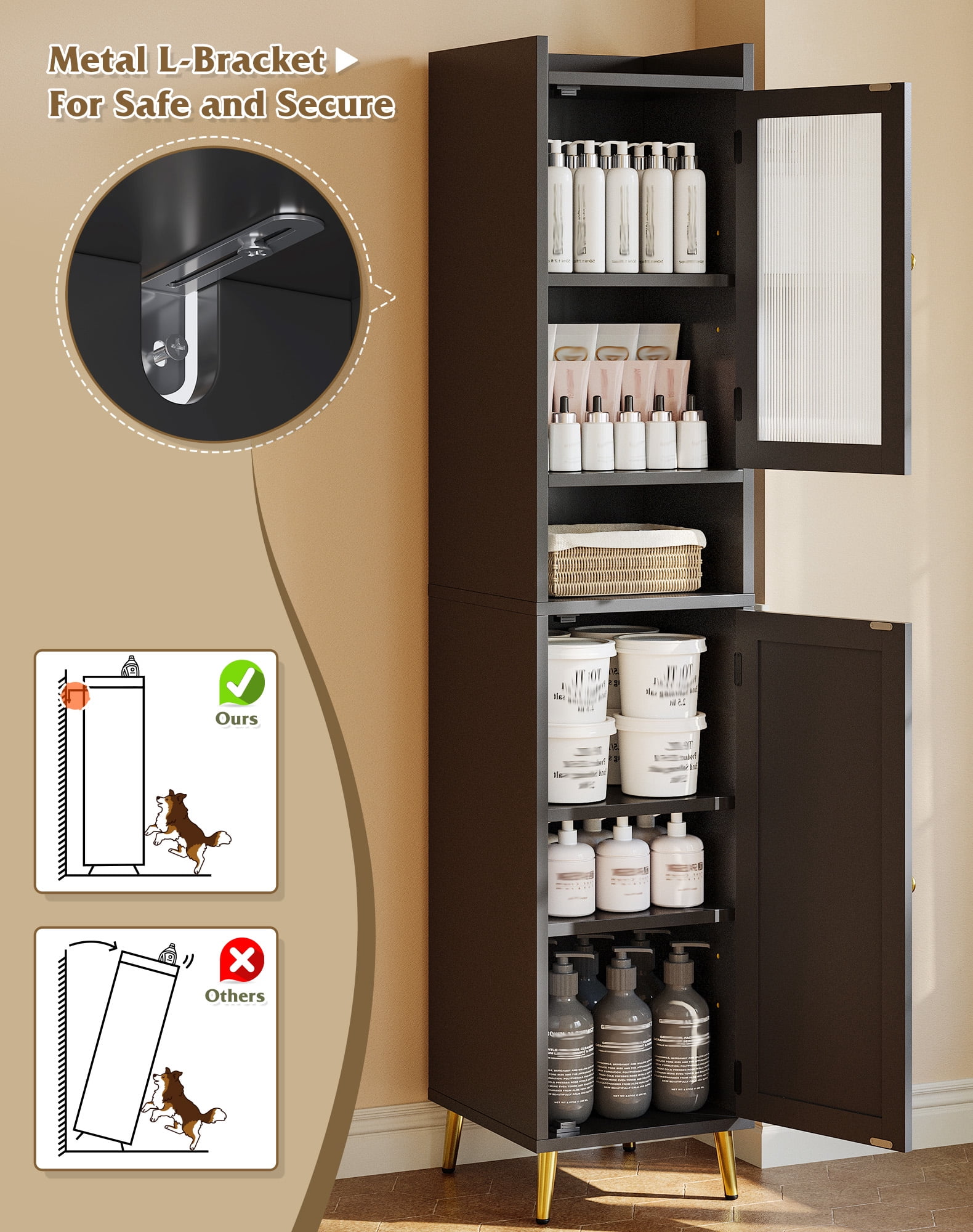 EnHomee 69" Tall Bathroom Storage Cabinet,Narrow Linen Cabinet with 2 Door and Adjustable Shelves​,Black