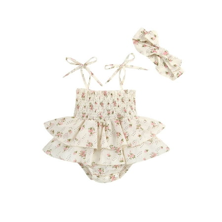 

Eyicmarn Baby Girl Summer Jumpsuit Set Floral Elasticated Bust Sleeveless Ruffled Romper with Bow Headband