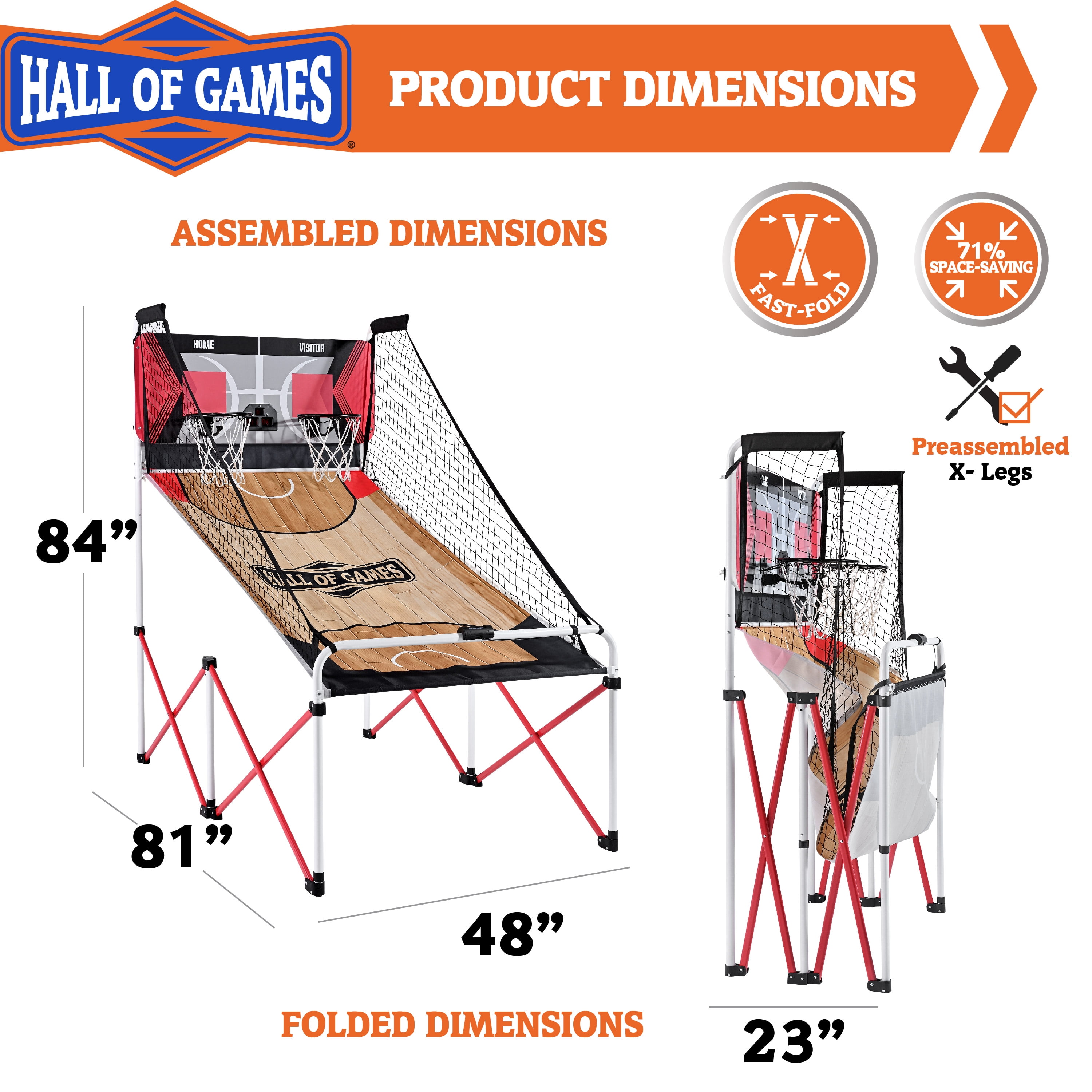 Easy to Assemble Arcade Basketball Game 84-in Tall, with Steel Frame EZ-Fold X-Leg, by Hall of Games