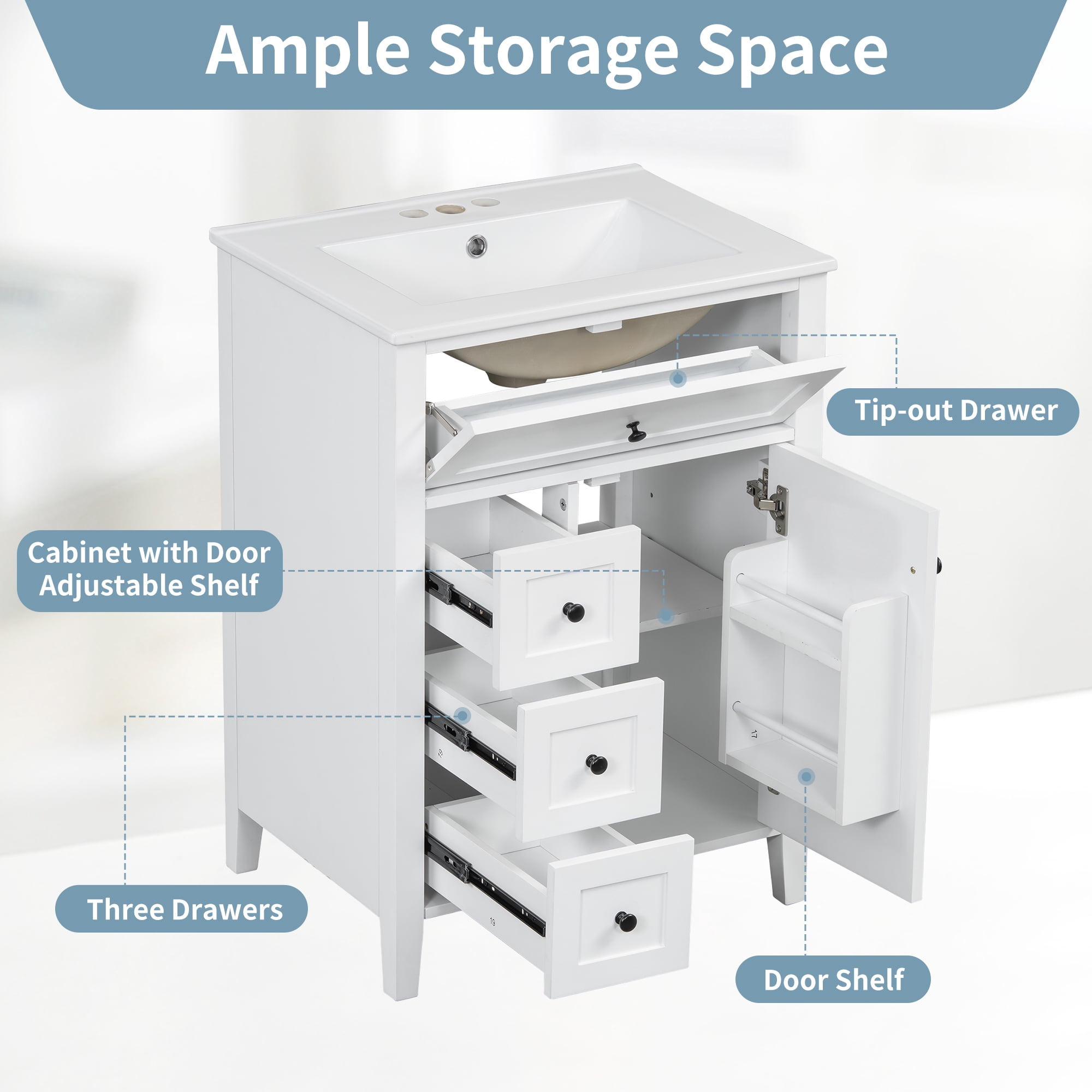 Euroco "24" White Bathroom Vanity with Sink, MDF & Rubberwood Construction, 3 Drawers & Cabinet with Adjustable Shelves, Modern Design for Small to Medium Bathrooms"