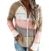 Women Color Block Cardigan Hoodies Knit Long Sleeve Sweaters
