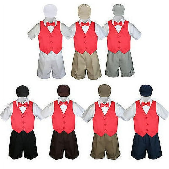 Boy Toddler Formal Red Vest Bow Tie White Black Gray Brown Navy Hat 5pc Set S-4T