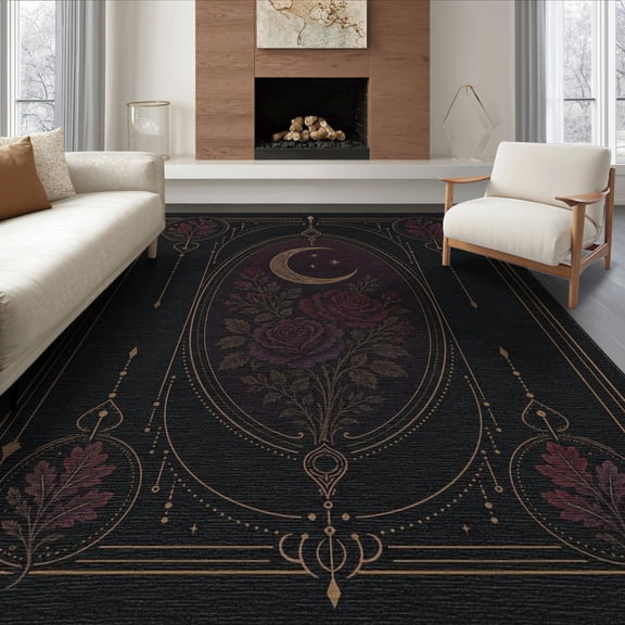 ODIKA 8'x10' Washable Area Rug Black Gold Celestial Moon and Roses Design Elegant Floral Astronomical Motifs for Living Room, Under Sectional, Family , Durable, Non-Slip