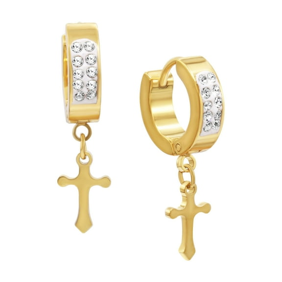 BEBERLINI Men Cross Pendant CZ Huggie Hoop Earrings 14K Gold Plated Stainless Steel Gift