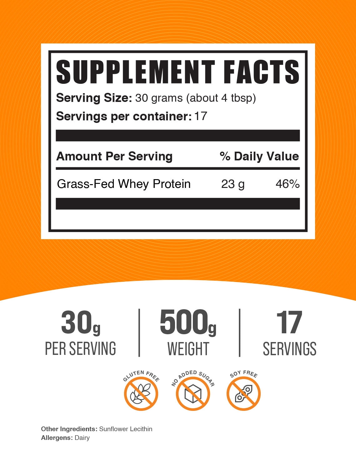 BulkSupplements Grass-Fed Whey Protein Powder - Whey Protein Concentrate, Protein Supplement - Unflavored, 30g per Serving, 500g (1.1 lbs)