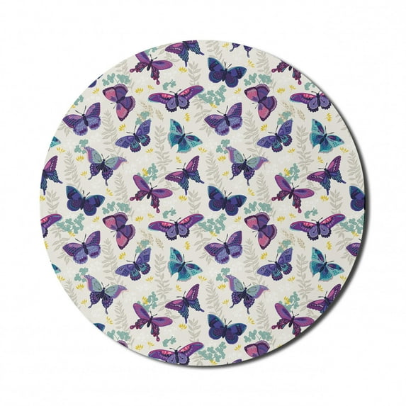 Butterfly Mouse Pad for Computers, Garden Scene of Plants Leaves and Tender Ornamental Flying Insects, Round Non-Slip Thick Rubber Modern Mousepad, 8" Round, Eggshell and Multicolor, by Ambesonne