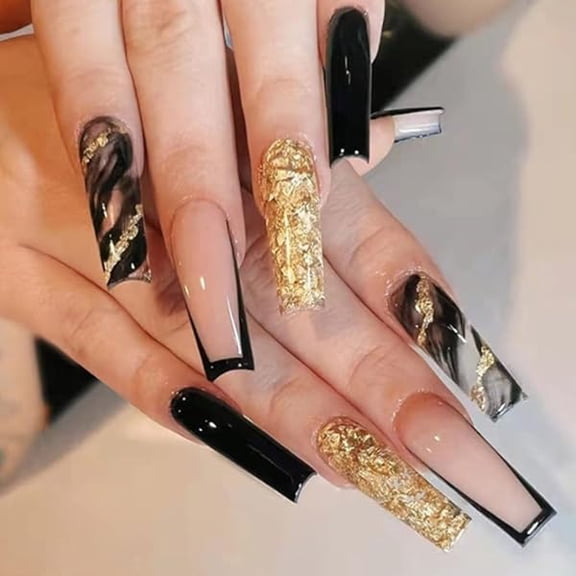 AWTO Long Coffin False Nails Glitter for nails Press on Nails Black Fake Nails Marble Nails Tips Full Cover Stick on Nails for Women and Girls 24Pcs