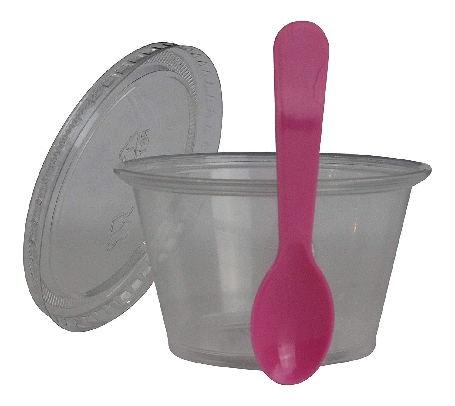 Disposable Clear 4oz Plastic Condiment Cups with Lids and 3" Sampling