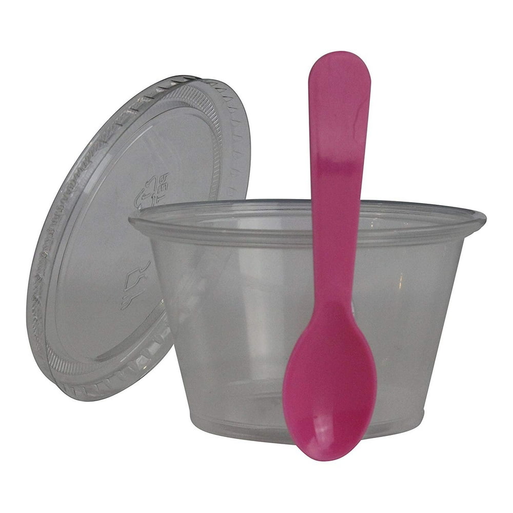 Disposable Clear 4oz Plastic Condiment Cups with Lids and 3" Sampling