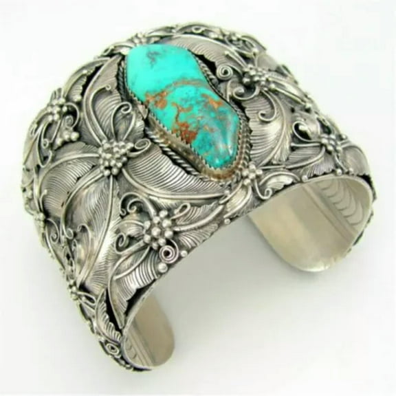 WBQF Vintage Carve Silver Turkish Handmade Turquoise Bracelet Men Women Party Jewelry-Turquoise-Opening