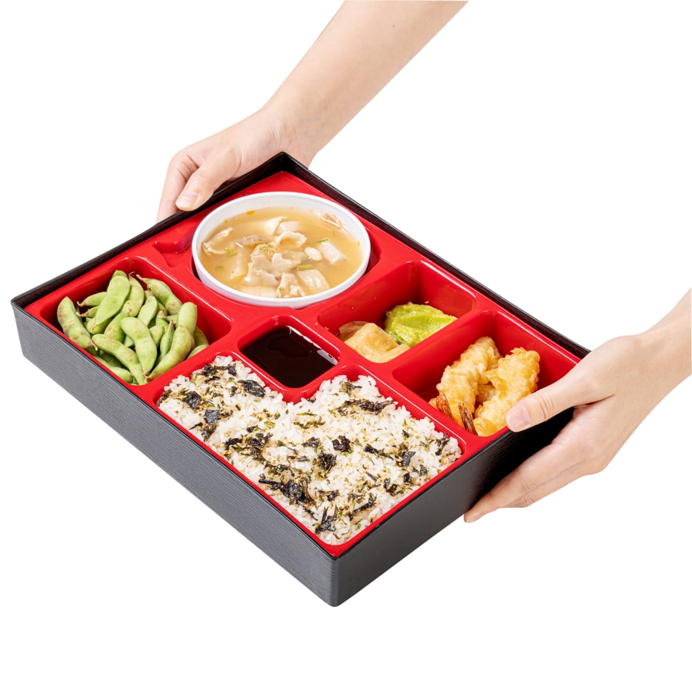 Bento Tek Rectangle Black and Red Small Japanese Style Bento Box - 6 Compartments - 10 3/4 inch x 8 1/4 inch x 2 1/4 inch - 1 Count Box