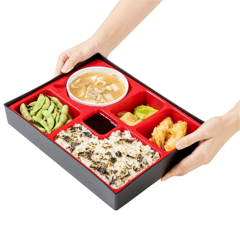 Bento Tek Rectangle Black and Red Large Japanese Style Bento Box - 6  Compartments, with Bowl - 12 1/4 x 9 3/4 x 2 1/4 - 1 count box