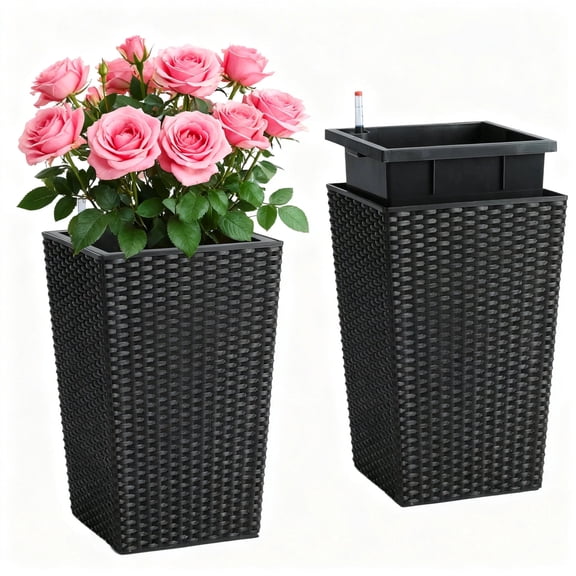 Garvee 15.6" Tall Planter Pots Set of 2, Rattan style, Tray & Water Level Monitor, Black