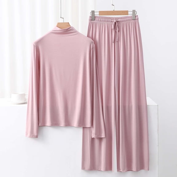 Blmnix Bamboo Pajamas Pajama Set Modal Pajamas Sleepwear Sets Pajamas Wide-Leg Mock Neck Pink Long Sleeve Full Pajama Shorts Women,XXL