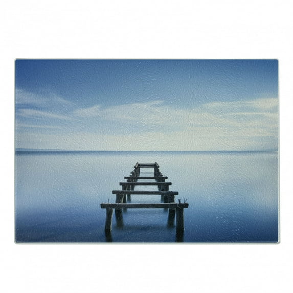 Landscape Cutting Board, Old Jetty in the Lake with Blue Sky Horizon Landscape Calm Nature Picture, Decorative Tempered Glass Cutting and Serving Board, Small Size, Blue White Brown, by Ambesonne