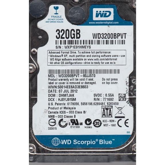 WD3200BPVT-80JJ5T0, DCM DHMTJAK, Western Digital 320GB SATA 2.5 Hard Drive