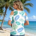 thumbnail image 4 of Women Casual Summer Hawaiian Print Tie Strap Cold Shoulder Round Neck Short Sleeve T Shirt for Daily Wear Vacation Beach Light Green L, 4 of 4