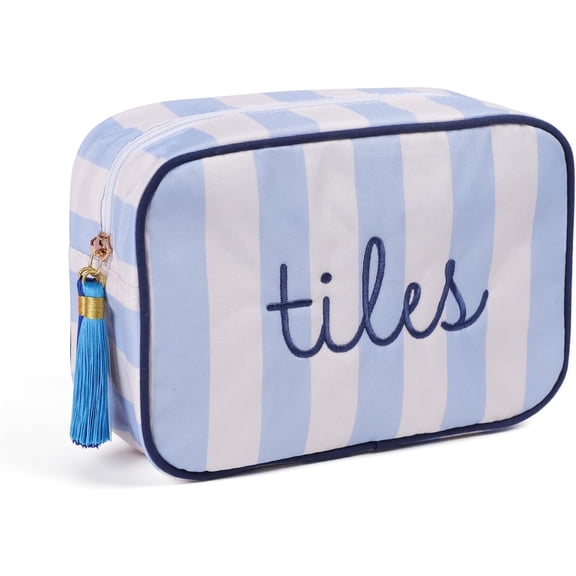 TRINKA Mahjong Tile Bag for American 166 Tiles, Blue White Striped Embroidered Travel Storage Pouch with Zipper