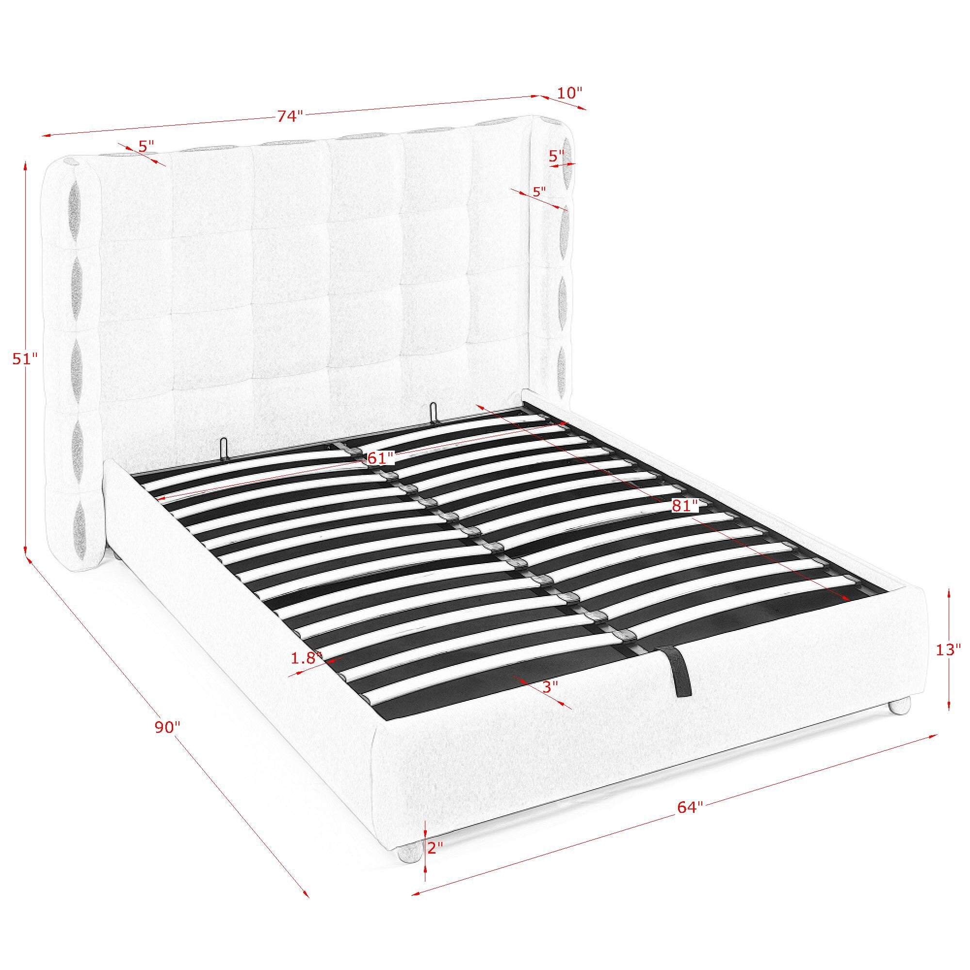 Queen Size Chenille Upholstered Platform Bed, Gas Lift Platform Bed with Under Bed Storage