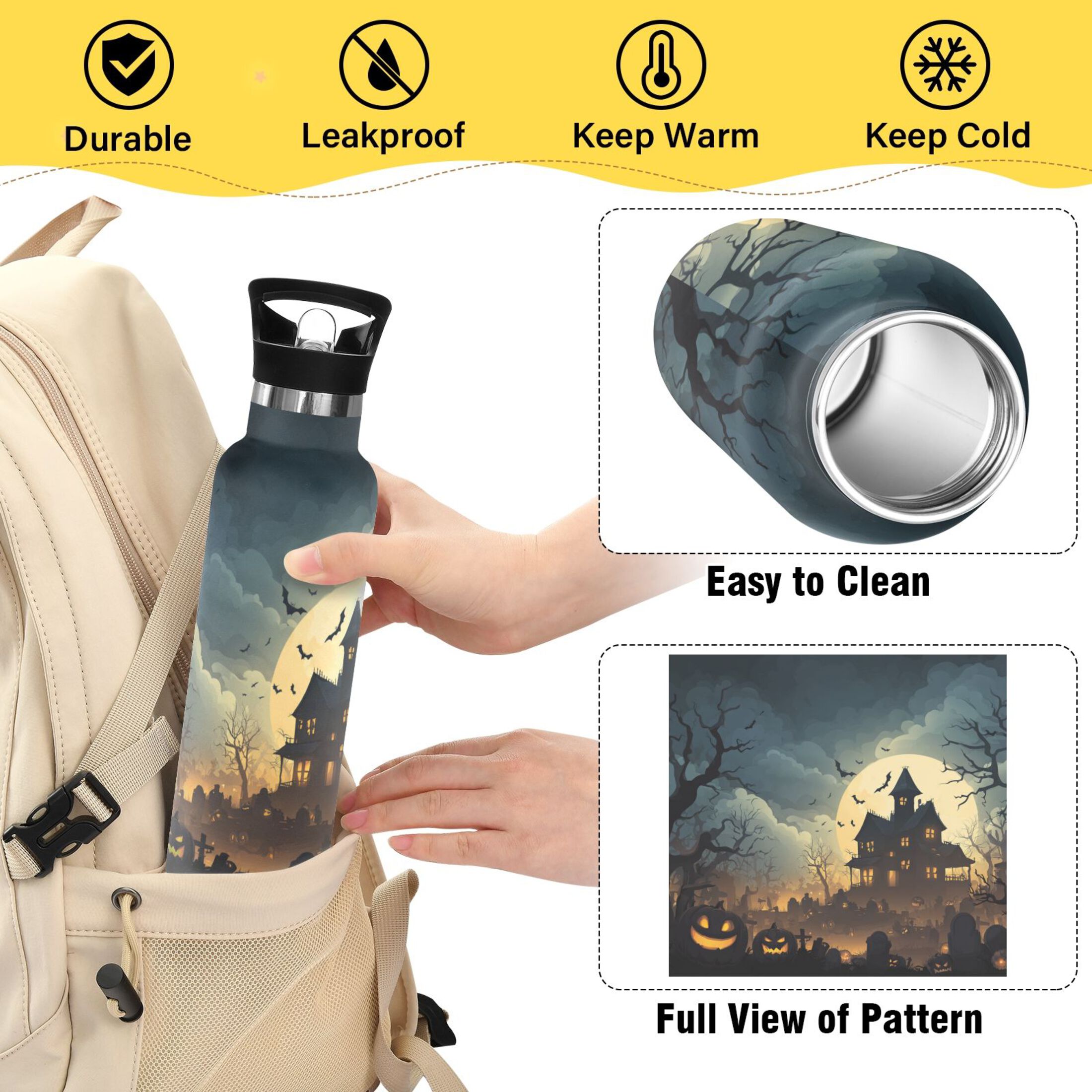 Kids Insulated Stainless Steel Sports Water Bottle 600ml (20oz) Spooky Haunted House