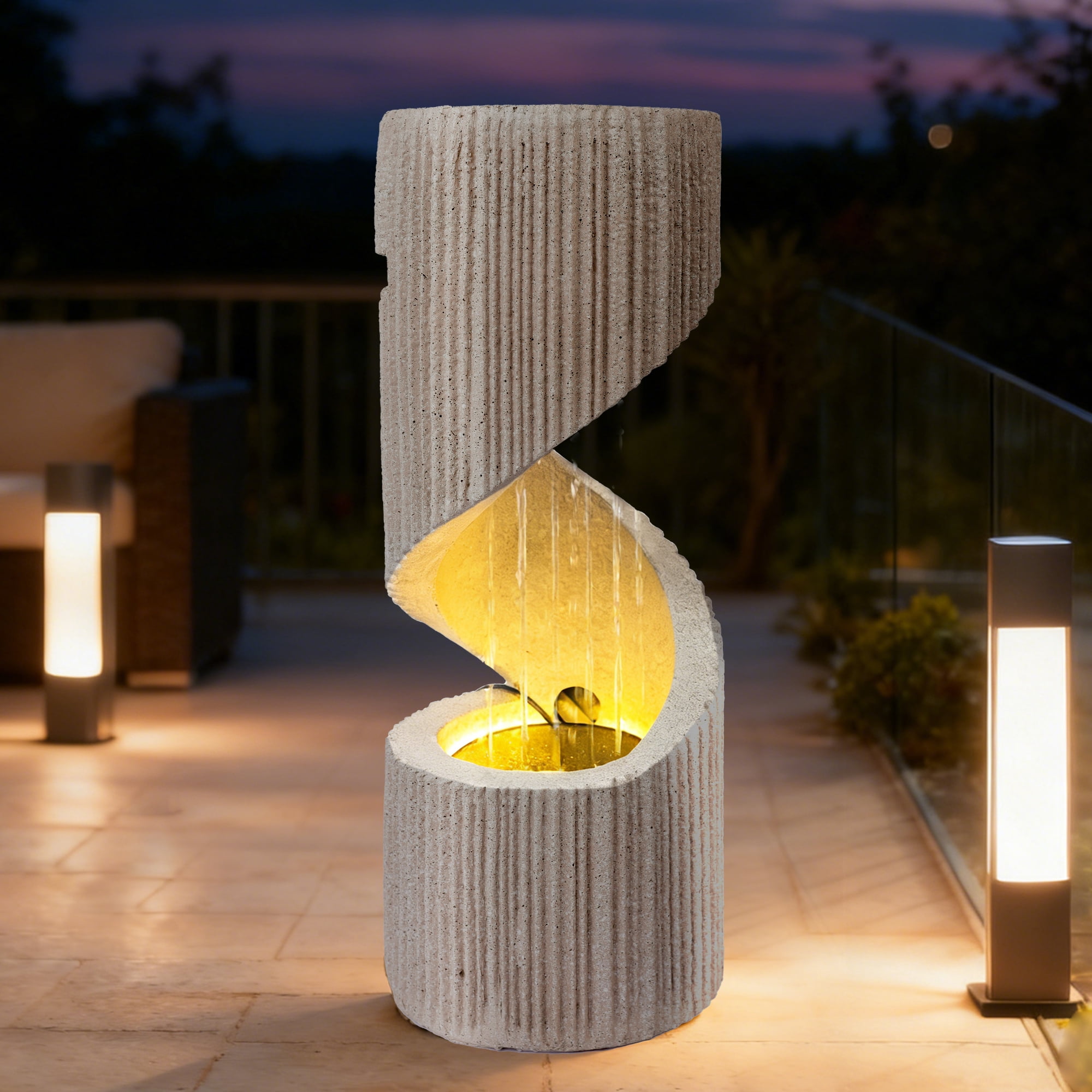 30" S-Shaped Outdoor Water Fountain, Freestanding Spiral Garden Fountain with LED Lights & Pump, Indoor/Outdoor Resin Waterfall Feature for Patio, Yard, Balcony or Home Decor