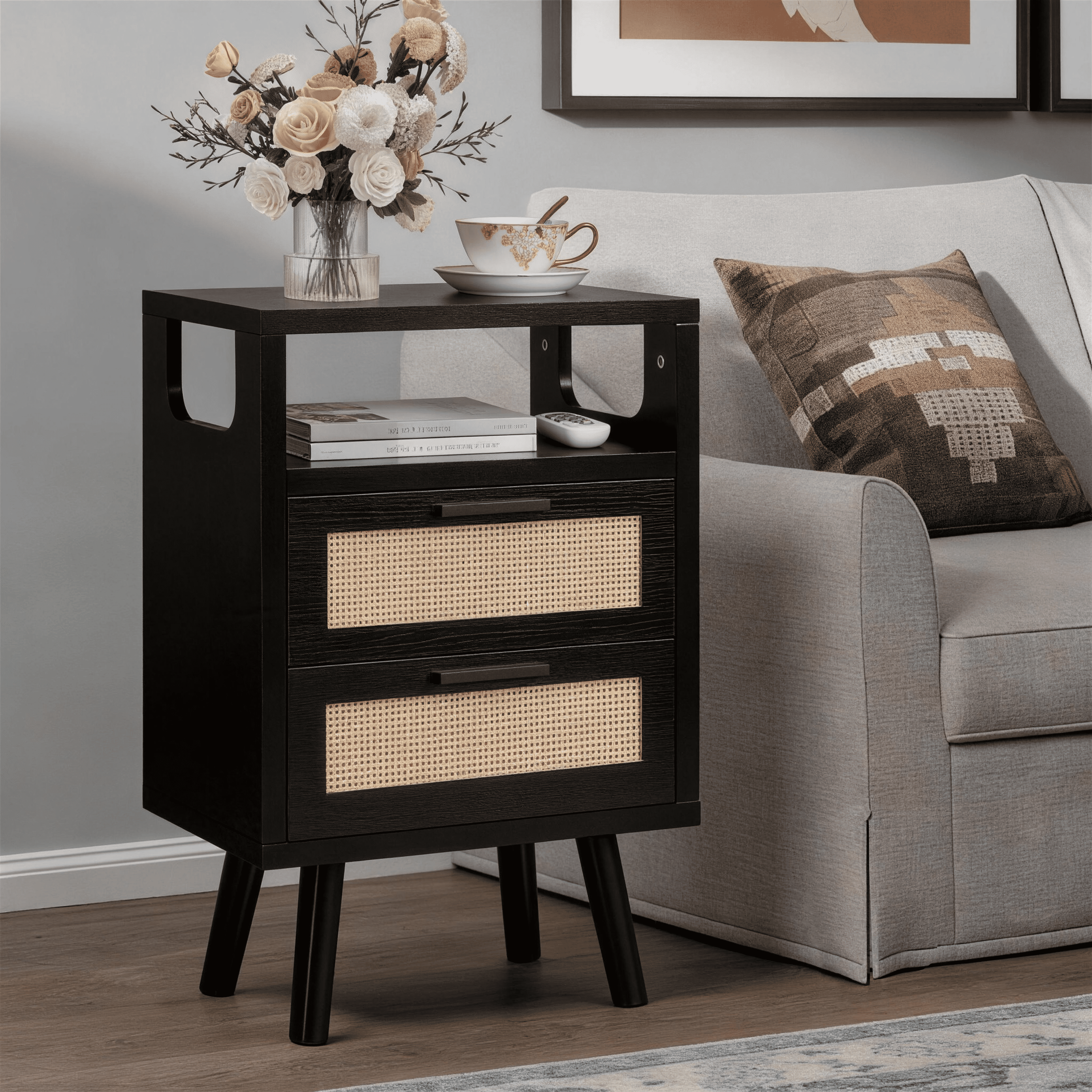 OTONIPU Rattan Nightstands Set of 2 with 2 Drawers, Modern Wood Bedside Tables with Black Handles, Black End Tables