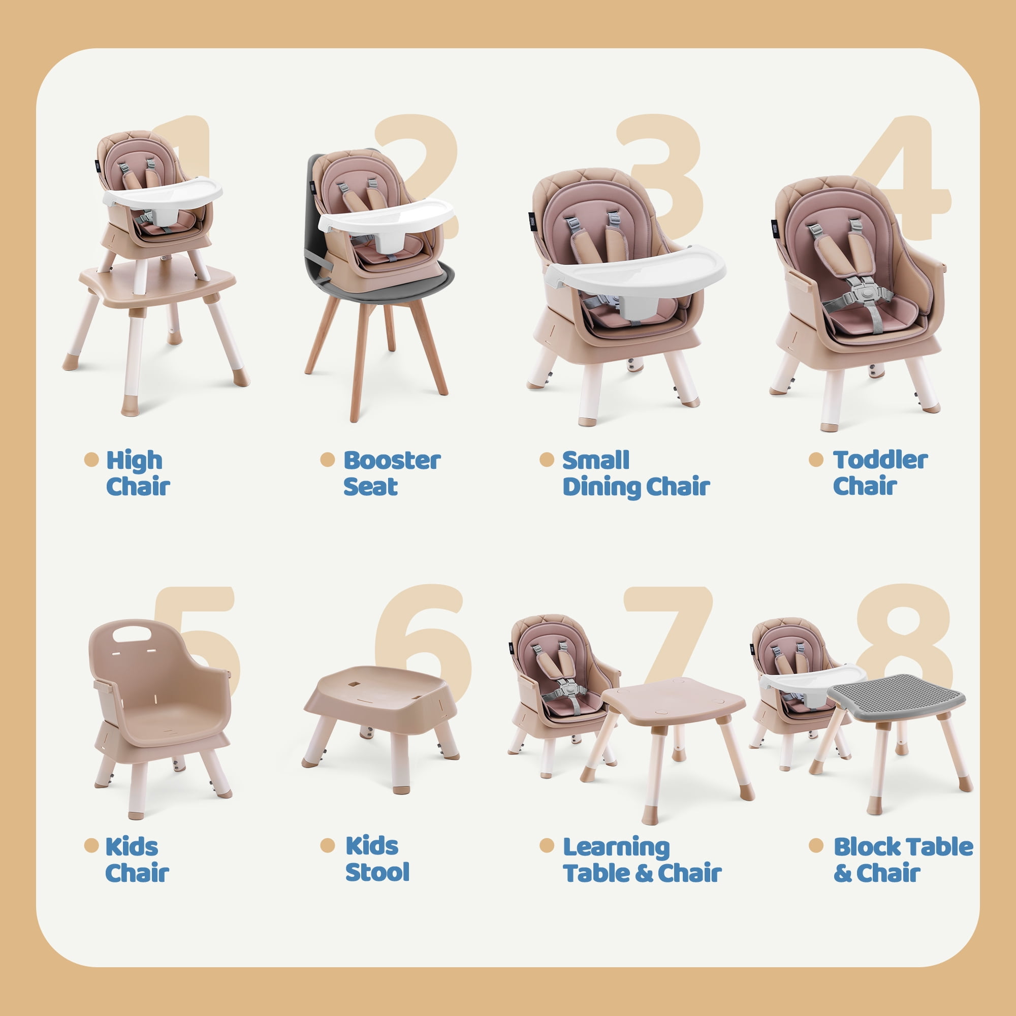 HARPPA Baby High Chair, 8 in 1 Convertible Highchair for Babies & Toddlers, Khaki