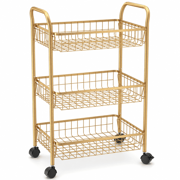 3-Tier Metal Rolling Utility Cart with Handle, Mesh Storage Baskets and Locking Wheels, Gold