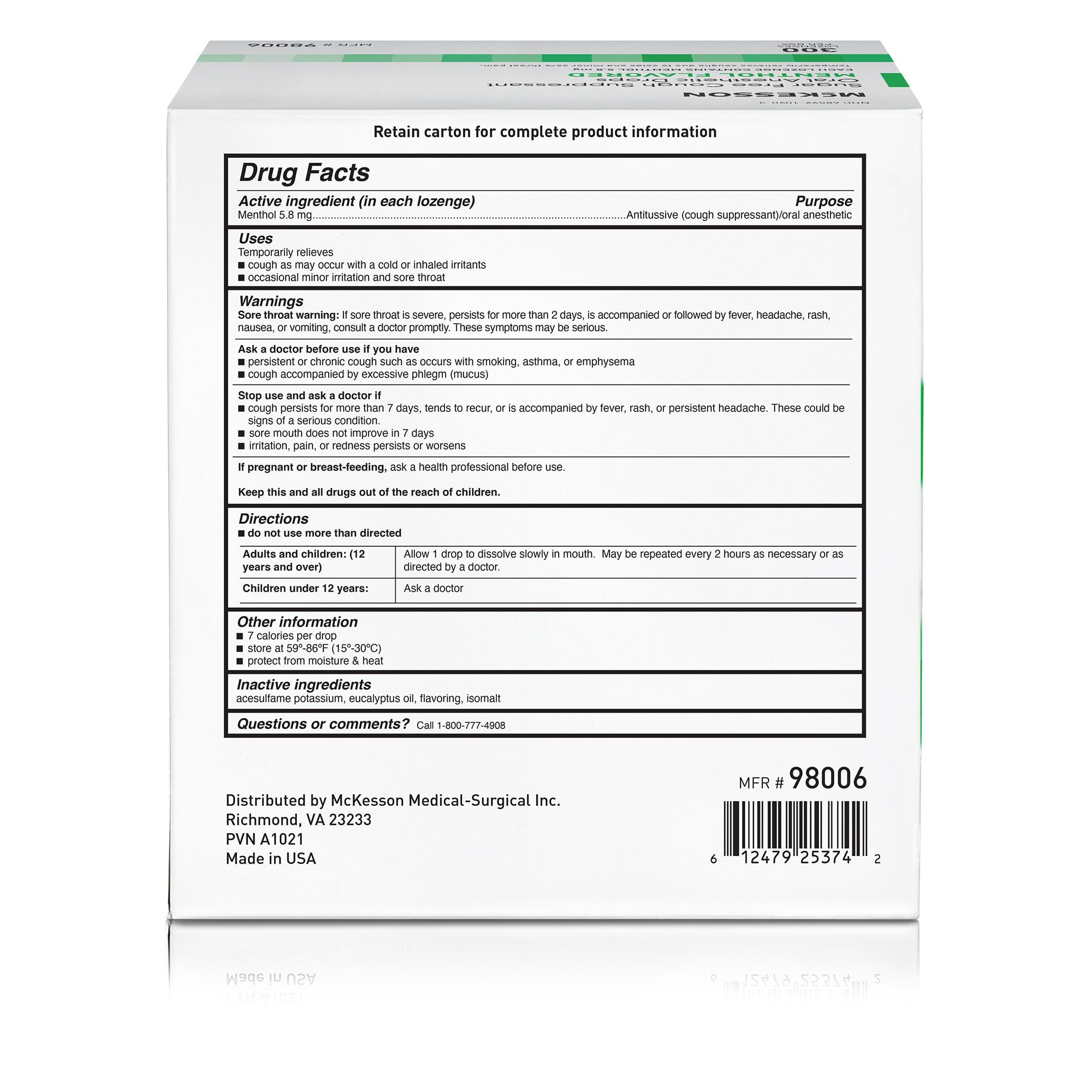 McKesson Cold and Cough Relief 5.8 mg Strength Menthol Flavor-Sugar Free Lozenge, 3600 Ct