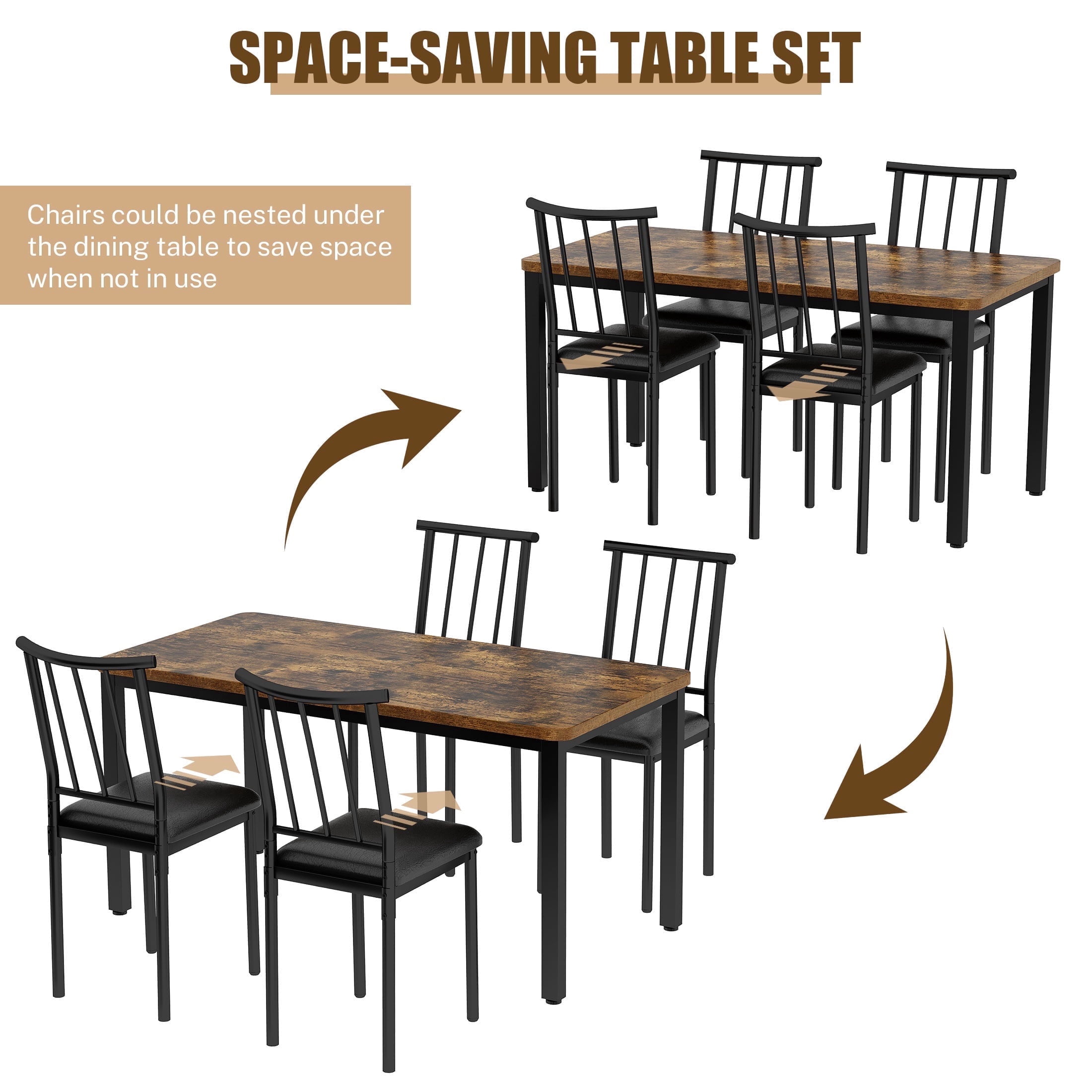 PORKISS 5 Piece Dining Table Set for 4, Kitchen Table and Chairs Set with 4 Leather Cushioned Chairs, Rectangle Dining Room Set with Metal Frame, Small Space Breakfast Nook Dinette Set, Brown+Black