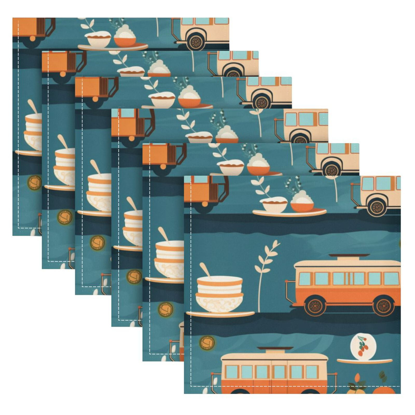 JSTEL Bus Car Cloth Napkins Set of 6, 20x20 Inch Washable and Reusable Napkin for Decoupage Dinner Party Everyday Use