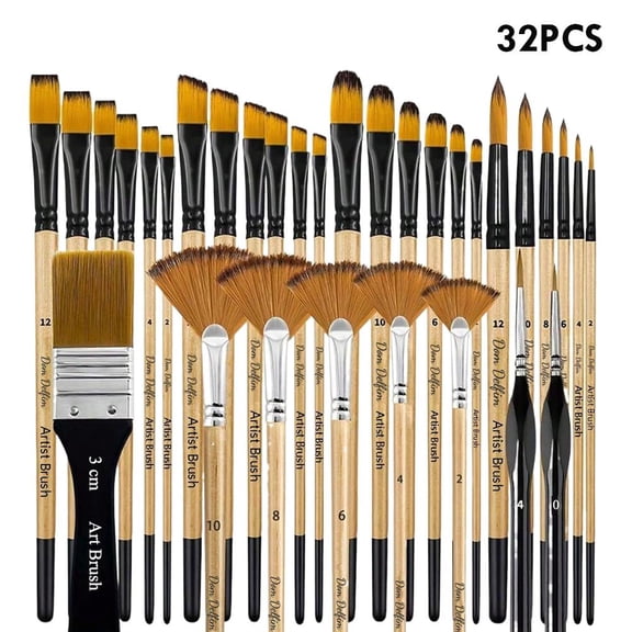 32-Piece Paint Brush Set for Oil & Acrylic Painting, Multi-Shape Nylon Bristle Brushes with Wooden Handles, Art Supplies Kit Including Fan, Flat, and Liner Brushes for Students & Beginners