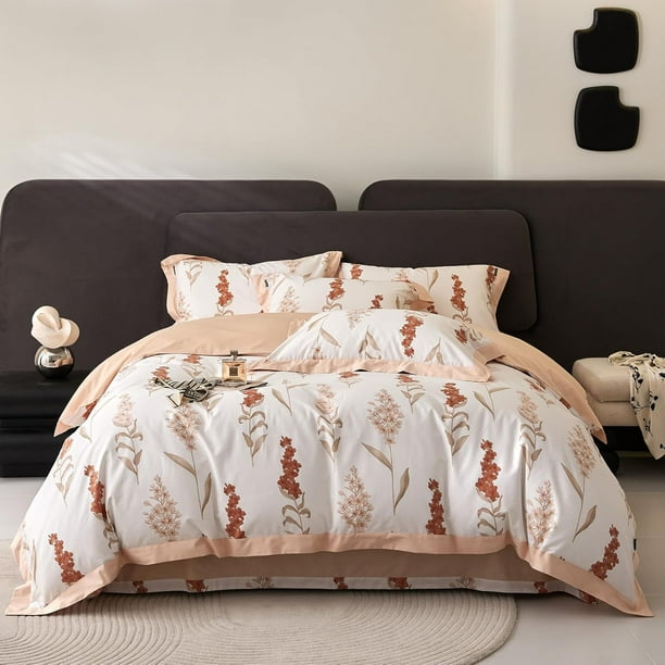 Funda Nórdica Rey Blanco Algodón Suave Chic Shabby Rosa Naranja Botánico Ropa de Cama