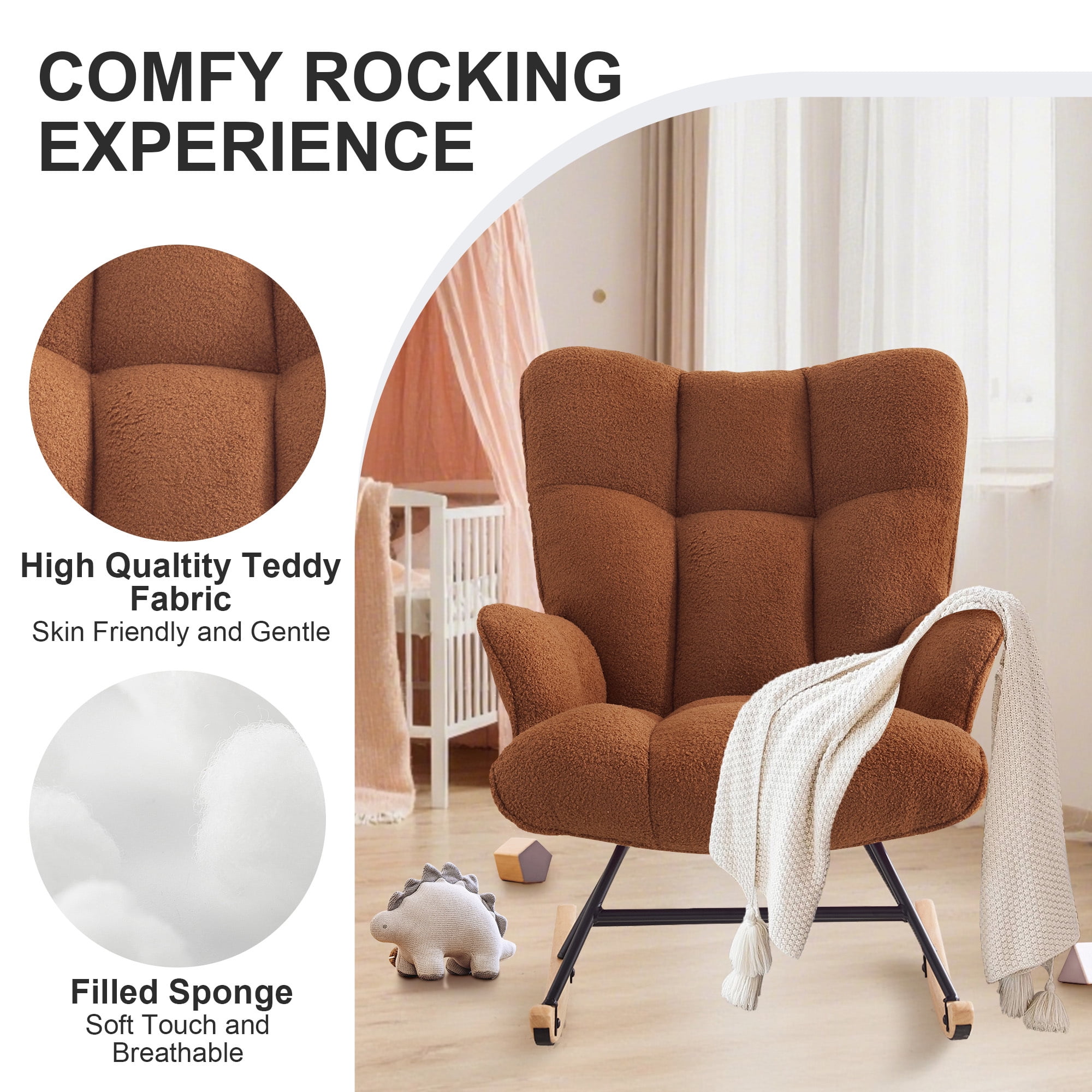 SAETSFEG Rocking Chair Nursery Teddy Upholstered Glider Rocker Rocking Accent Chair Padded Seat with High Backrest Armchair Comfy Side Chair for Living Room, Bedroom, Brown