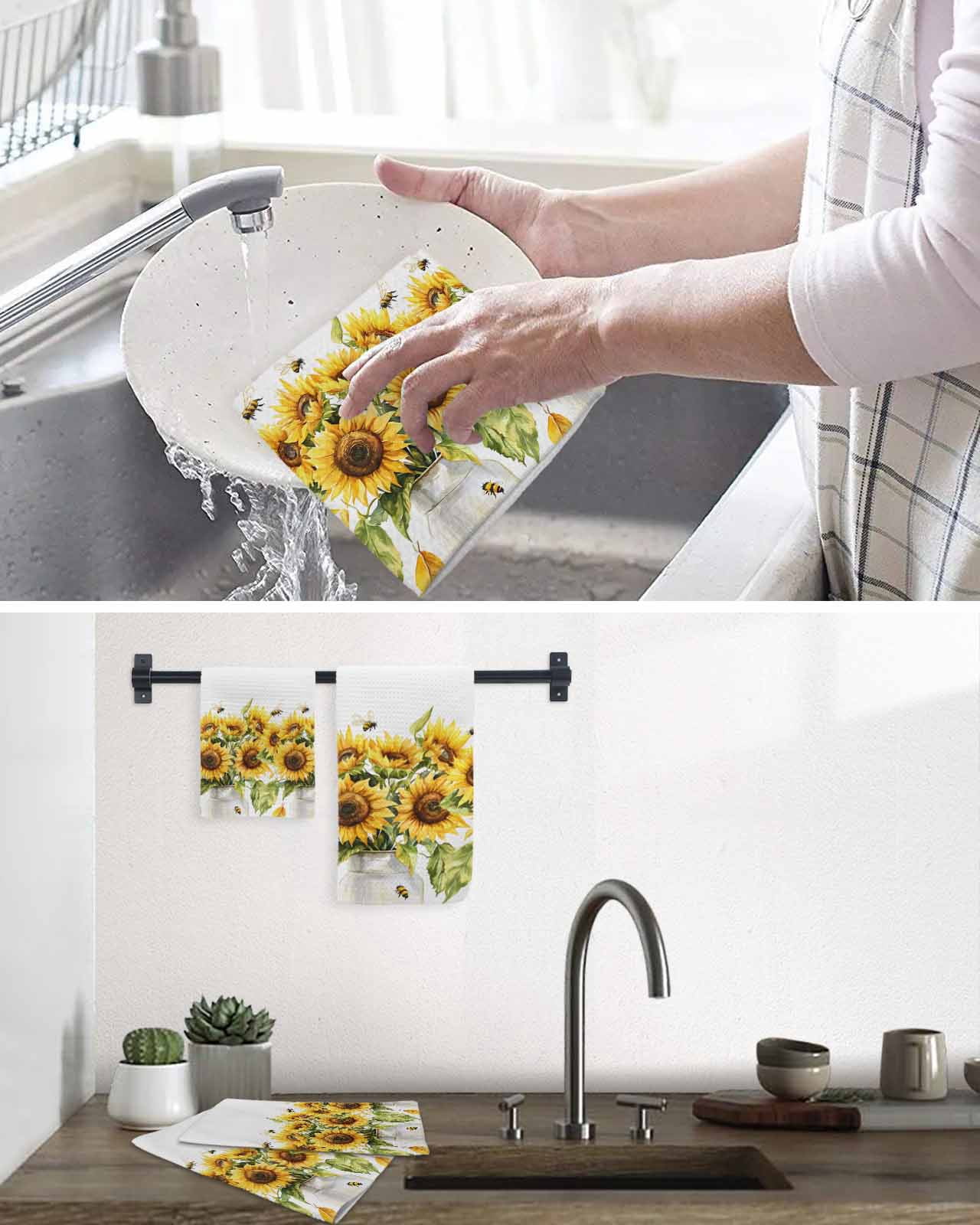 Sunflower Bee Hand Towels Set, Waffle Weave Kitchen Towels 3 Pieces, Watercolor Yellow White Summer Spring Microfiber Hair Face Bath Tea Towel Absorbent Quick Drying Cleaning Dish Cloths, 15.7"x23.6"