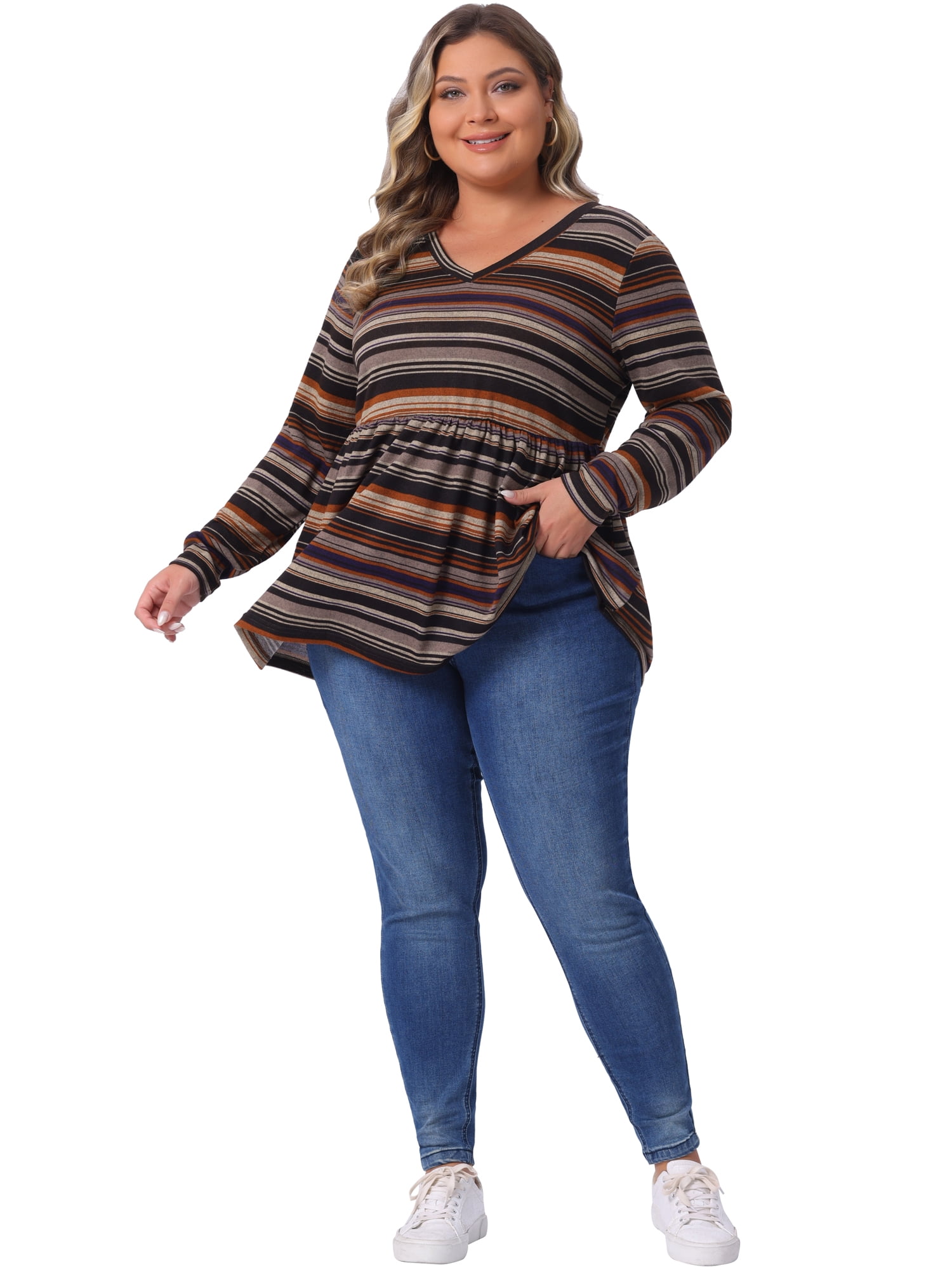 DARING DIVA Women's Plus V Neck Stripe Peplum Knit Blouse 3X Brown