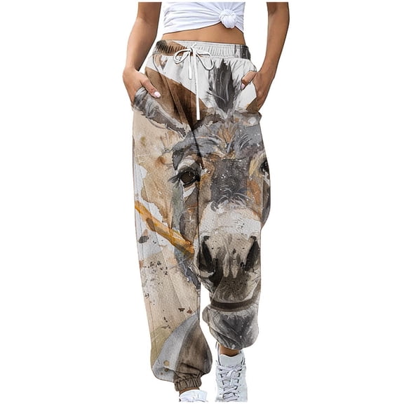 USNSM Baggy Pants for Women Funny Donkey Animal Print Pajama Straight Pants Lounge Workout Wide Leg Pants with Pockets Gray#07 S