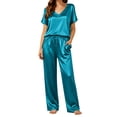 thumbnail image 5 of Silk Pajamas for Women 2 Piece Satin Pjs Cap Short Sleeve Sleepwear V Neck Shirt Long Pant Lounge Sets Dark Blue XXL(XXL), 5 of 6