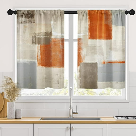 Orange Kitchen Curtains 36 Inch Length Beige Grey Window Curtains Over Sink Set of 2, Abstract Painting Art Short Tier Curtain for Kitchen, Modern Small Kitchen Decor 26x36 Inch