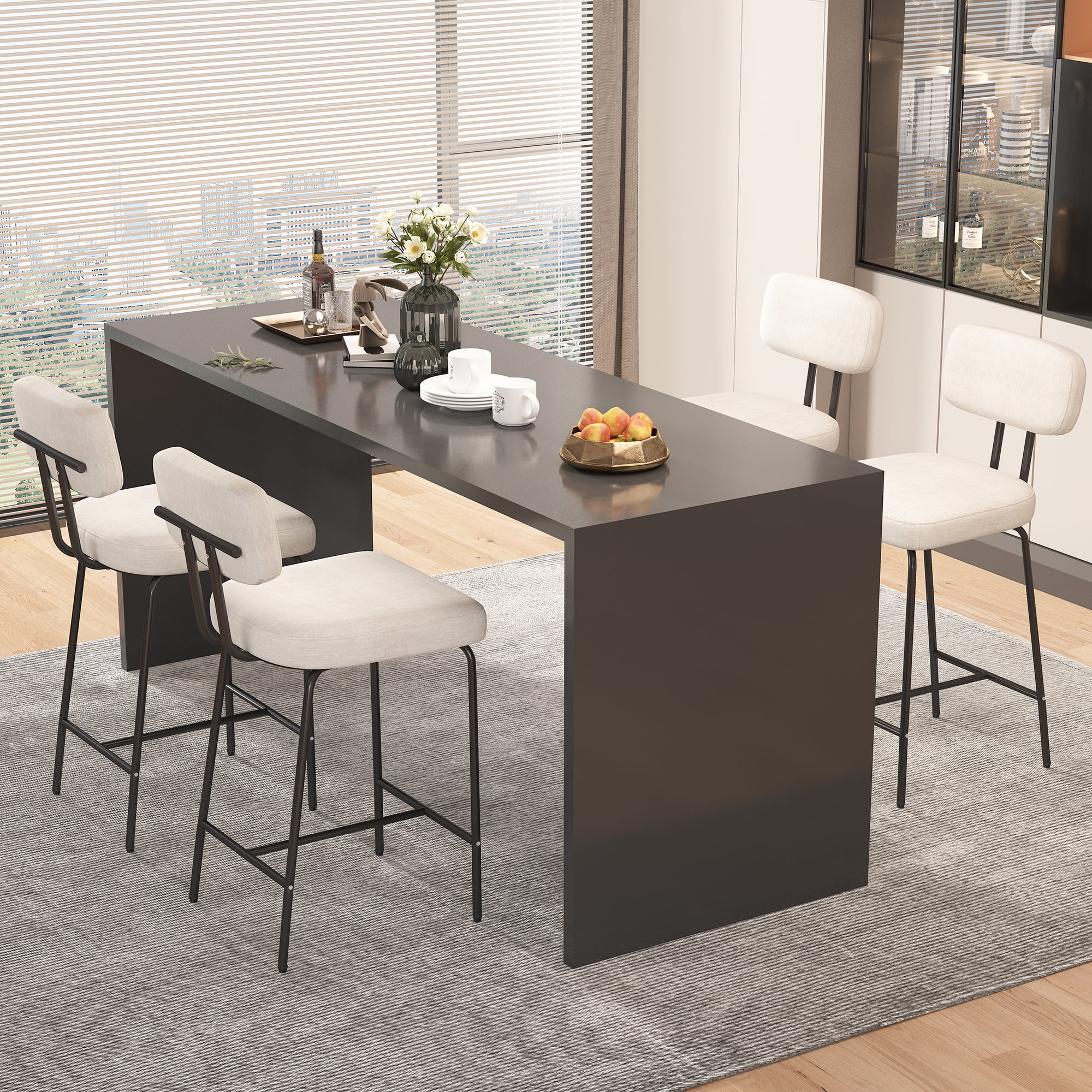 Genpo Counter Height Bar Stools Set of 2, 26" White Fabric Kitchen Counter Stools with Backs, Metal Legs, Footrest and Wide Seat, Bar Chairs for Kitchen Island