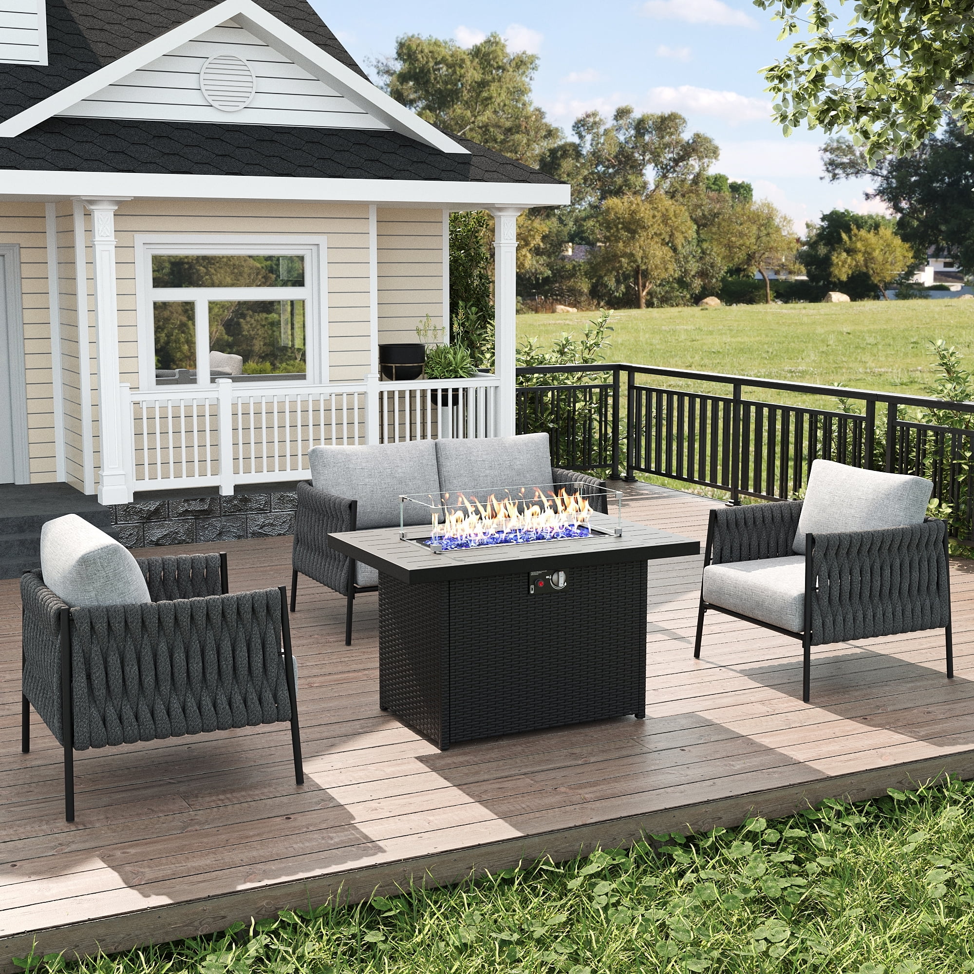 LayinSun 4 Piece Outdoor Furniture Set with Fire Pit Table, Modern Rope Woven Patio Conversation Sofa Set with Olefin Braid and Deep Seating