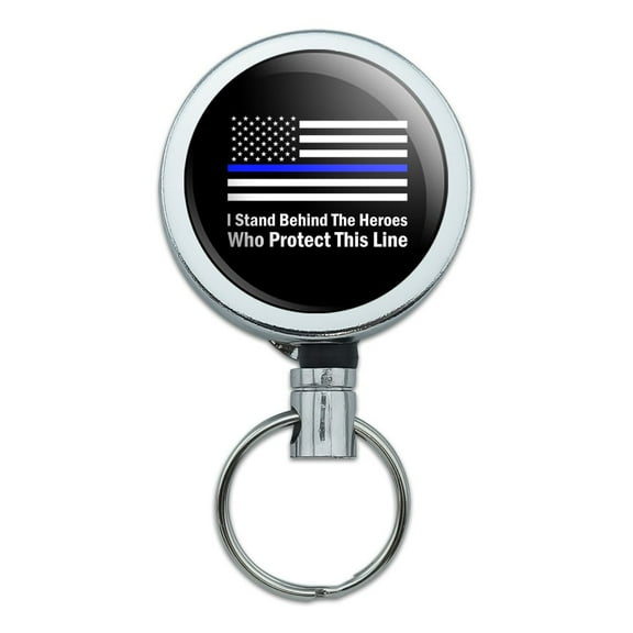 I Stand Behind the Heroes Who Protect This Line Thin Blue American Flag Heavy Duty Metal Retractable Reel ID Badge Key Card Tag Holder with Belt Clip