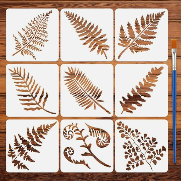 9 Pcs Fern Leaves Painting Stencil with Brush 5.9x5.9inch Different Types of Fern Leaf Pattern Drawing Template DIY Decoration Stencil for Painting on Wood Wall Fabric Furniture