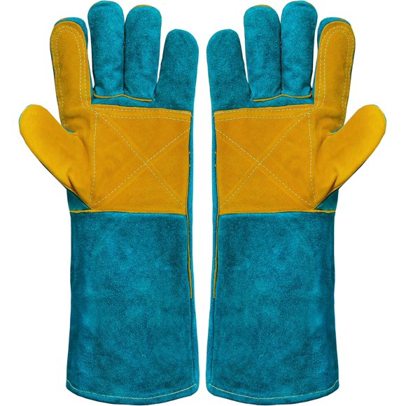 shiyou-15" Double-Palm Leather Welding Gloves – 932°F Heat Resistant, Cowhide Gauntlet for MIG, Stick Welding, Farrier, Blacksmith, BBQ, Fireplace, Animal Handling (Large, Teal/Gold)